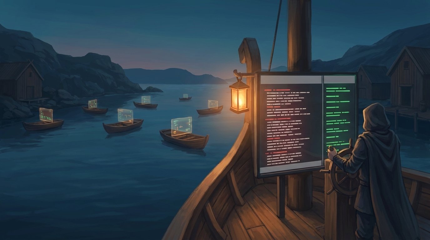 A hooded figure at the helm of a ship at dusk, a glowing two-pane screen beside the wheel and the small boats of the fleet behind