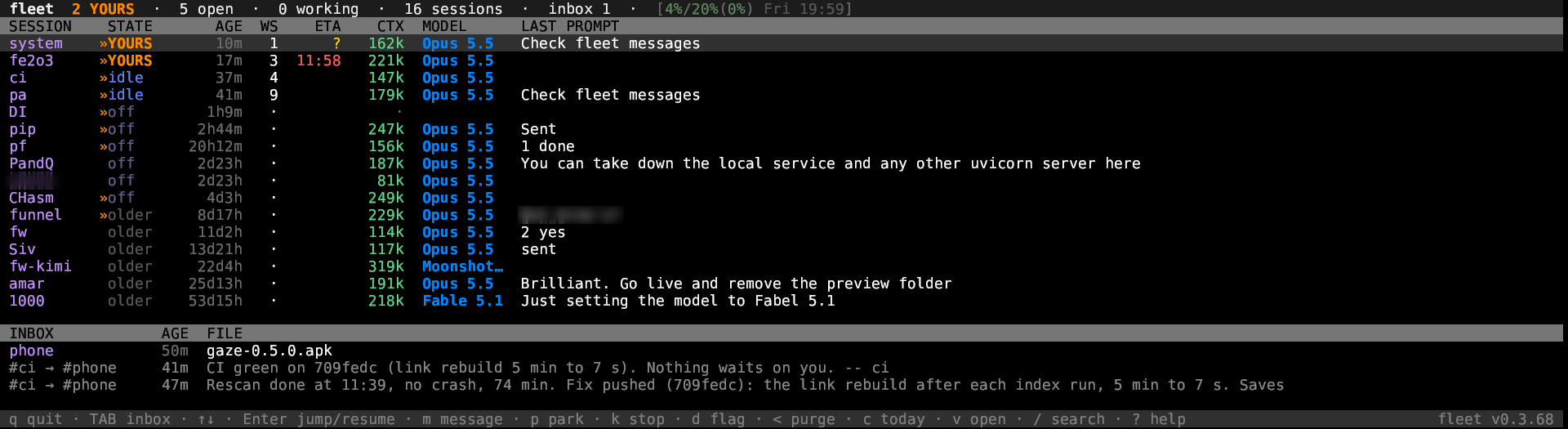 fleet in a terminal: sixteen sessions and an inbox